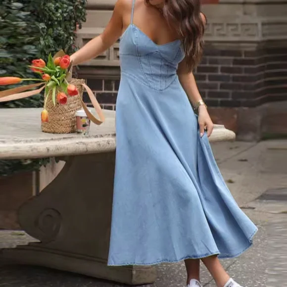 Women Denim Dressess Sexy Backless Sleeveless WaistCinching Bodycon Long Dress